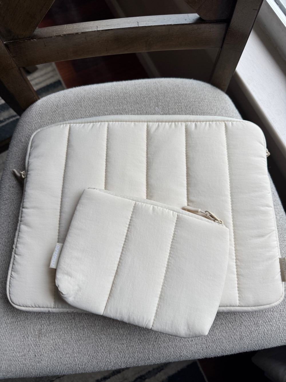 Cream Quilted Padded Laptop Sleeve Matching Zip Pouch Set